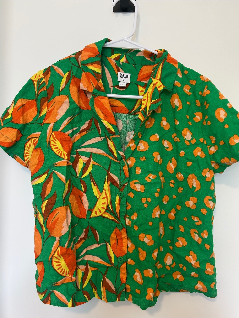 Tasha Polizzi Green Short-Sleeve Button Shirt with Orange Floral Print
